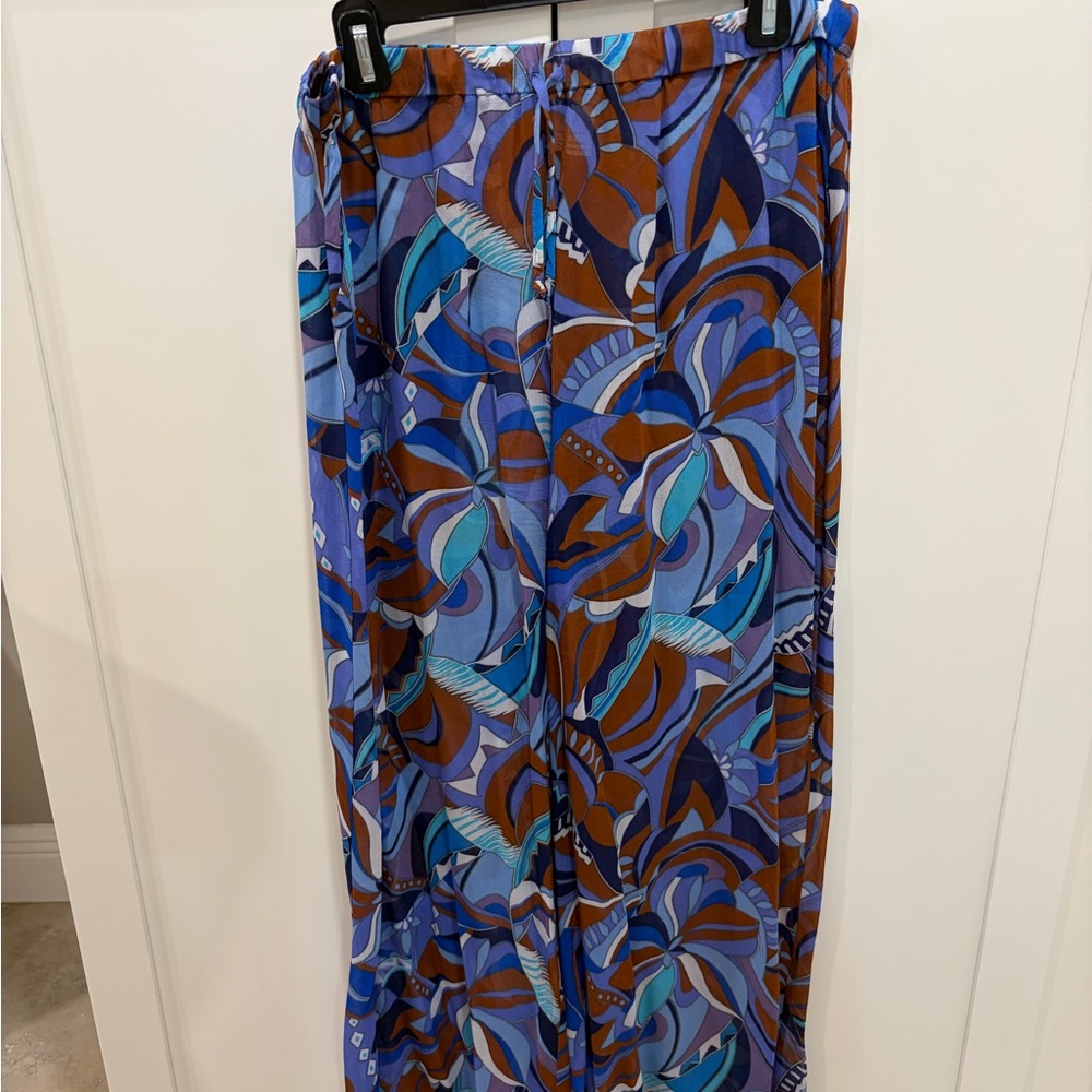 Gottex Blue and Brown Floral Maxi Pallazzo wide leg semi shear pants